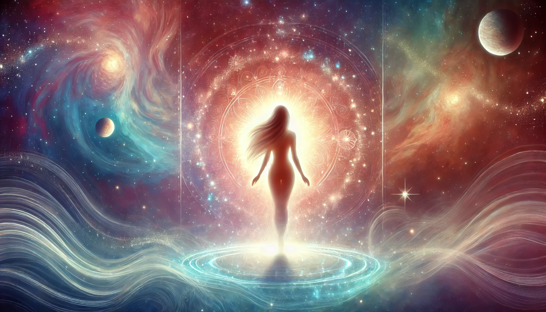 DALL·E 2024-12-04 22.52.53 - A captivating spiritual illustration of a woman embracing her inner peace in a cosmic setting. She stands on a glowing field with soft waves of light