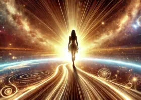 DALL·E 2025-02-12 13.53.18 - An inspiring scene of a woman standing confidently on a path of glowing light, symbolizing bold action and spiritual growth. She gazes forward with de