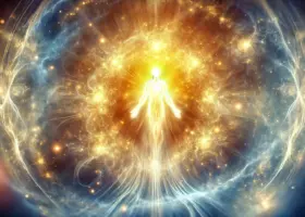 DALL·E 2025-02-05 10.32.01 - A mystical and ethereal depiction of a glowing soul emerging from a radiant light. The scene is filled with soft golden and blue hues, creating a divi