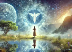 DALL·E 2025-02-14 11.37.26 - A mystical image representing the awakening of true self. A woman standing in a tranquil, dreamlike landscape, surrounded by a glowing energy field. S