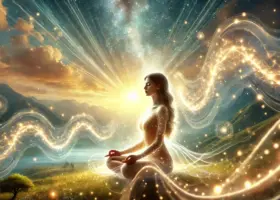 DALL·E 2025-02-07 11.53.37 – A radiant woman meditating in a serene landscape, surrounded by glowing energy waves, symbolizing the reception of higher-dimensional knowledge. The s DALL·E 2025-02-07 11.53.37 - A radiant woman meditating in a serene landscape, surrounded by glowing energy waves, symbolizing the reception of higher-dimensional knowledge. The s